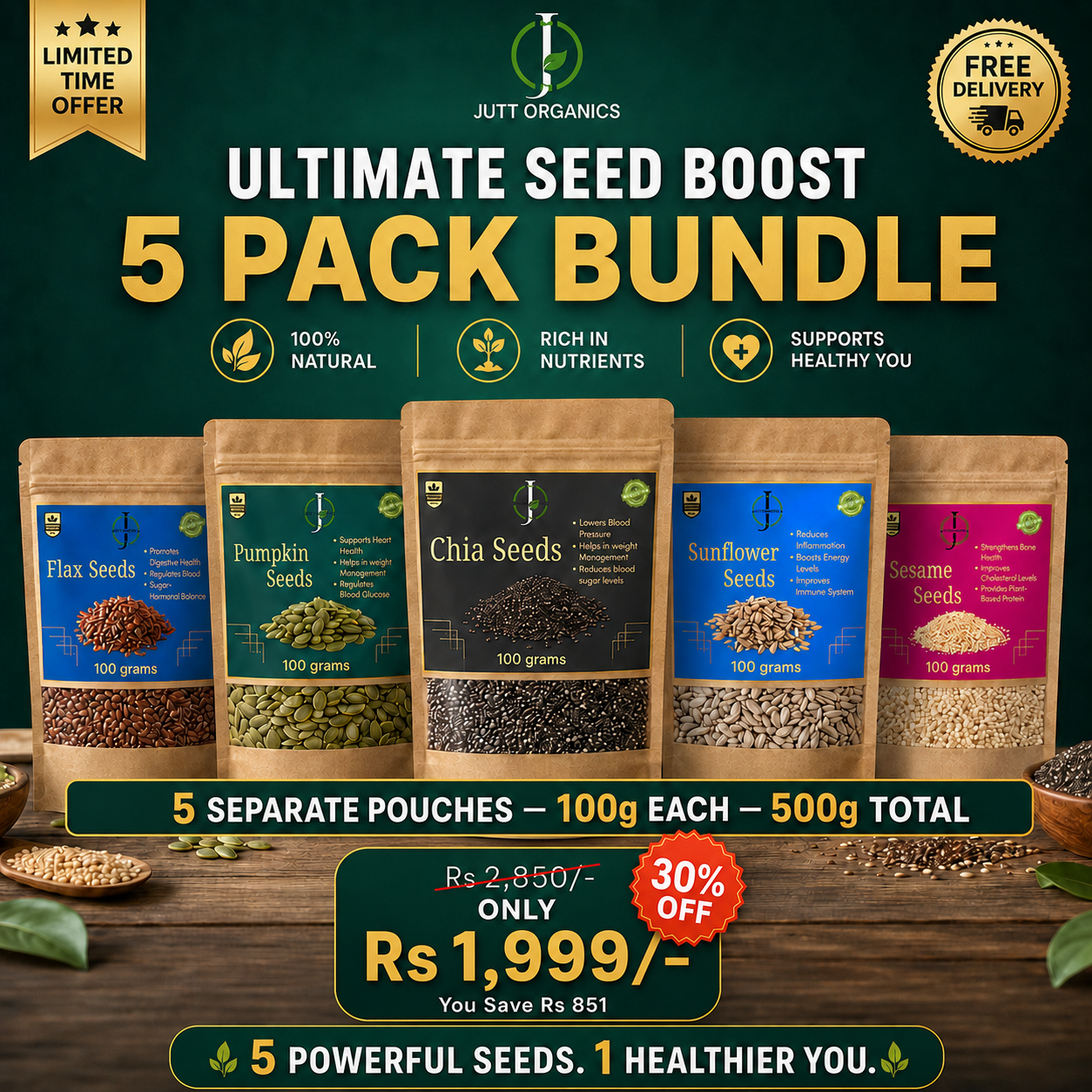 5-in-1 Daily Seed Boost Combo Pack | Chia, Flax, Pumpkin, Sunflower & Sesame Seeds
