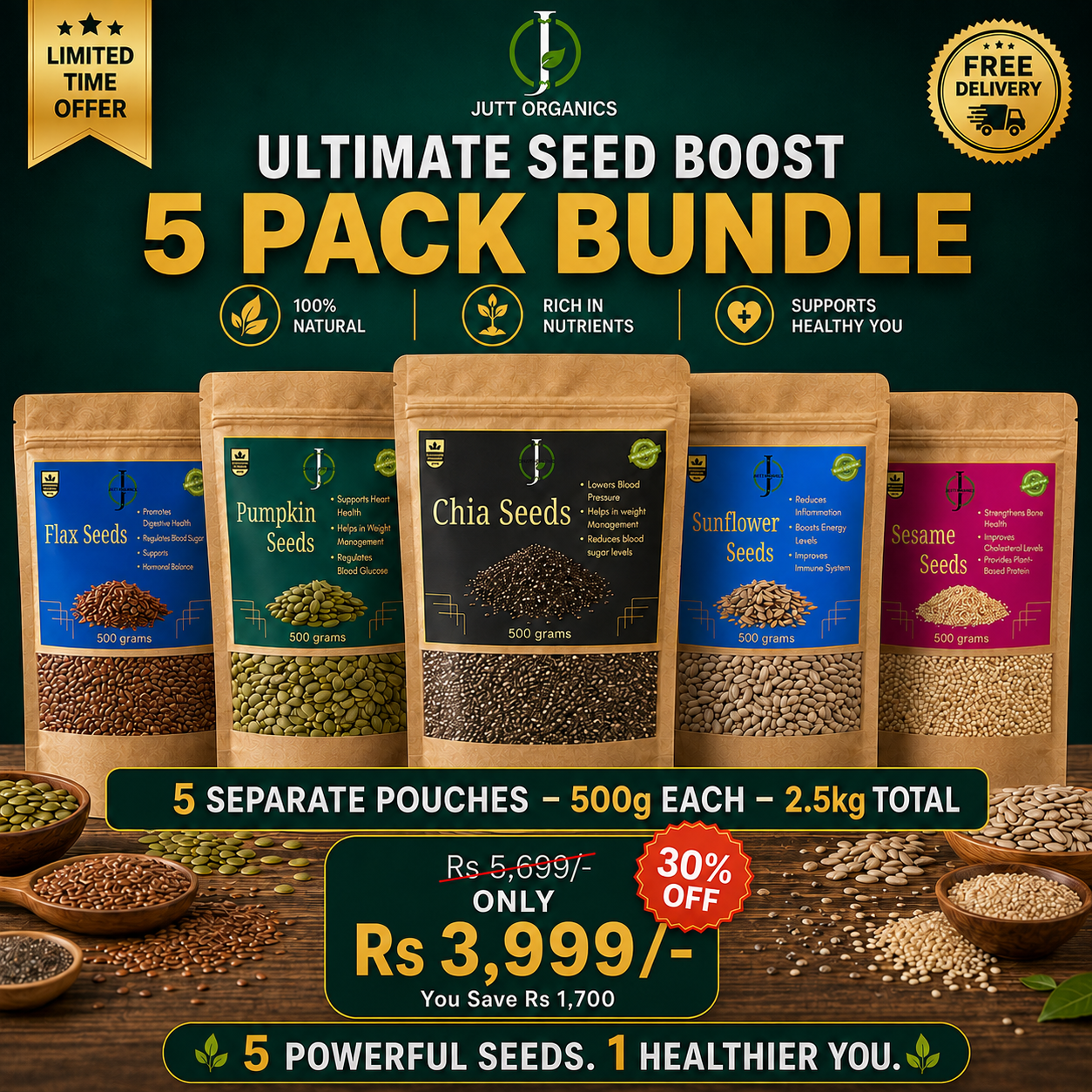 5-in-1 Daily Seed Boost Combo Pack | Chia, Flax, Pumpkin, Sunflower & Sesame Seeds
