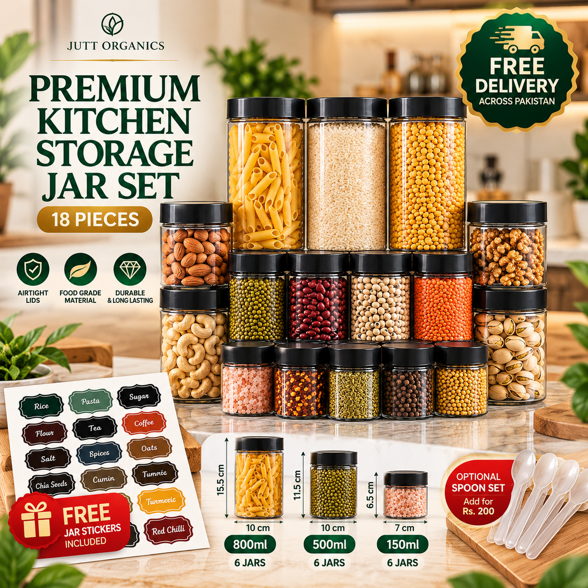 Premium Kitchen Storage Jar Set – 18 Pieces (800ml + 500ml + 150ml)