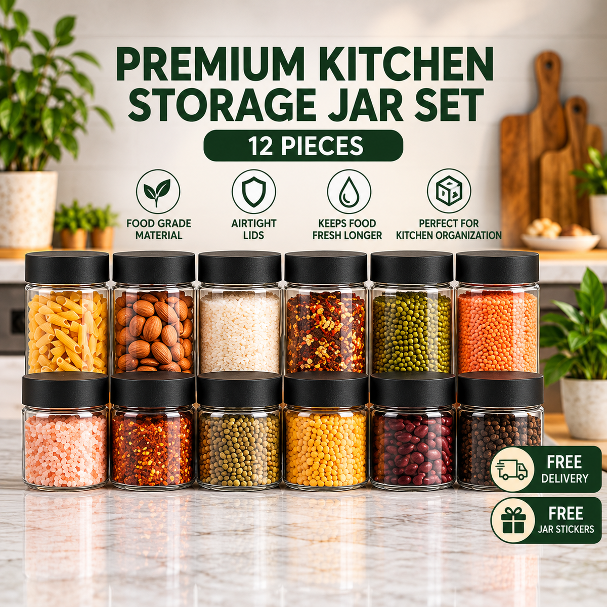12 piece kitchen jar set with six 800ml and six 500ml jars